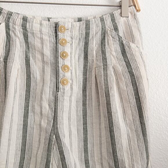 Anthropologie Cream and Green Stripe Button Fly Linen Cotton Shorts 2 - Picture 3 of 10